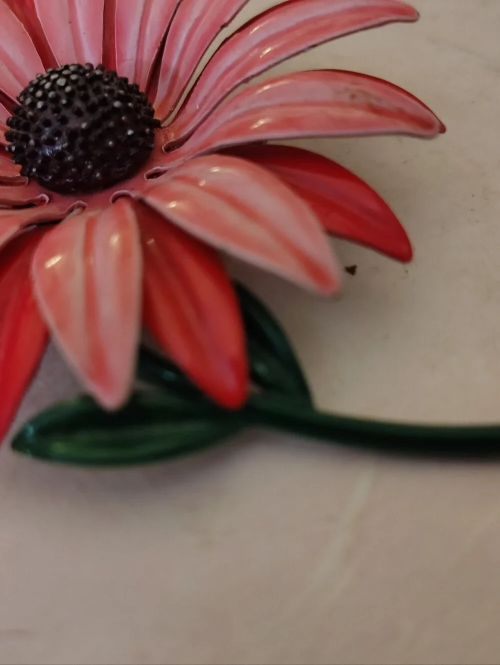 Vintage 1960s Coral Orange Enamel Daisy Flower Brooch Pin w/ Green Stem